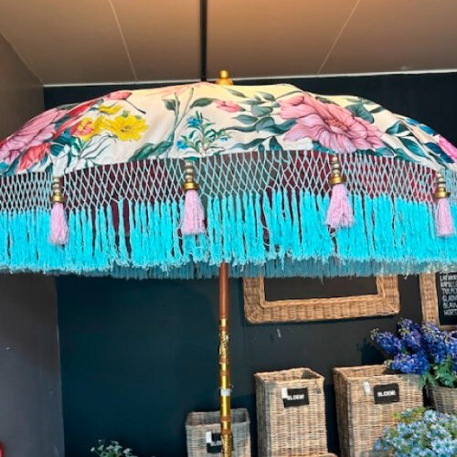 Bali Parasol Veelkleurig Bloemen Ø185 - Wit - Roze Franjes