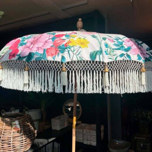 Bali Parasol Veelkleurig Bloemen Ø185 - Wit - Witte Franjes